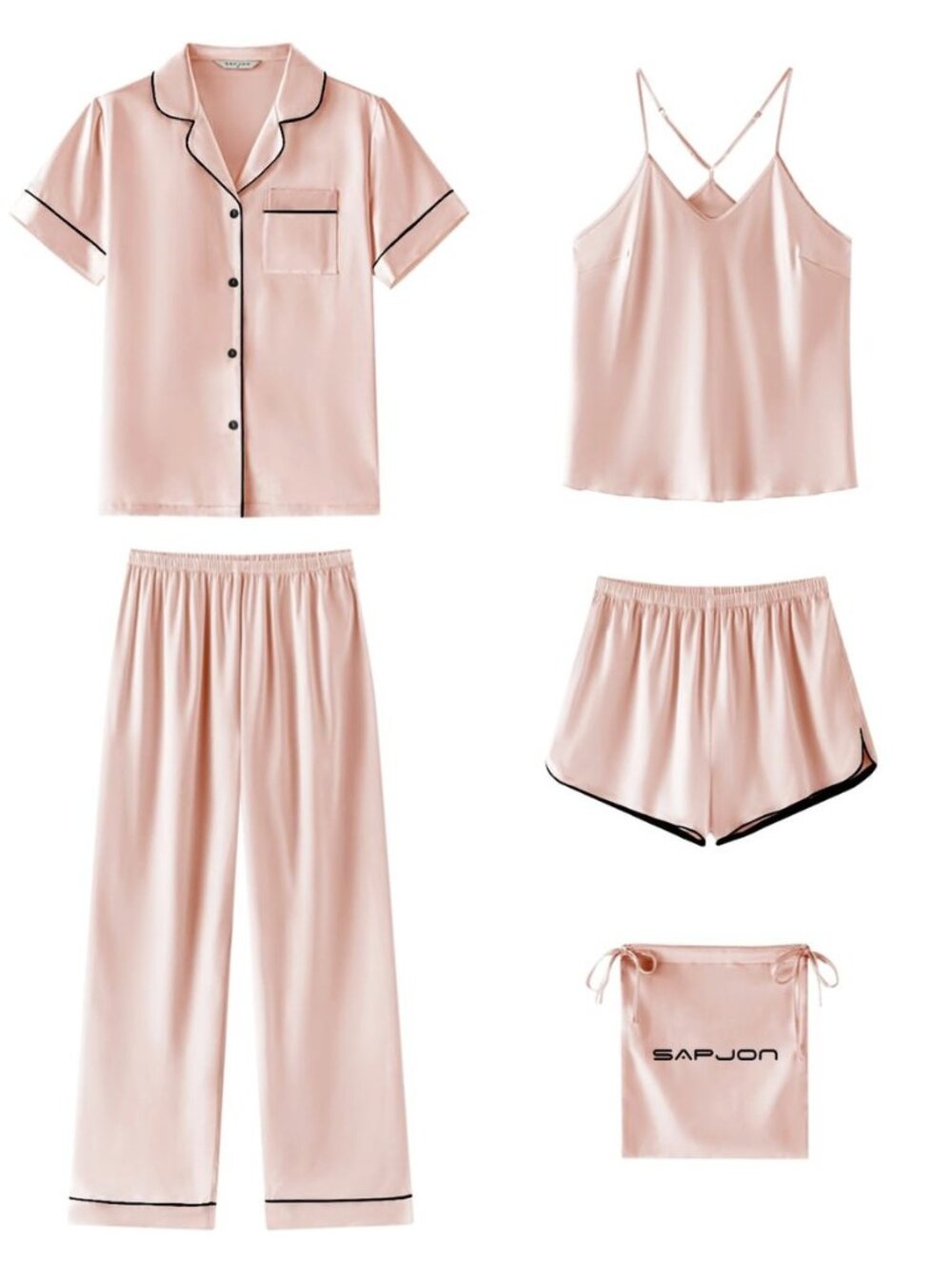 Silk Satin Pajamas for Women 5Pcs Soft Pjs Camisole Sleepwear Sets